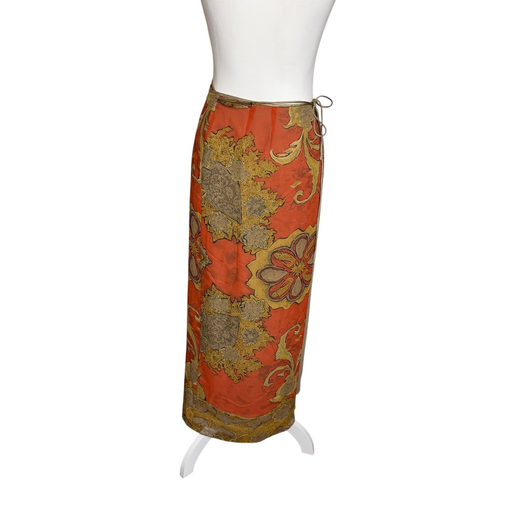 Dana Buchman Silk Maxi Wrap Skirt Orange Paisley Floral Tie Waist Lined Size 12 - Picture 4 of 7
